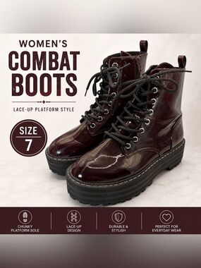 H&M Divided Burgundy Patent Platform Combat Boots Women’s Size 7 EU 38
